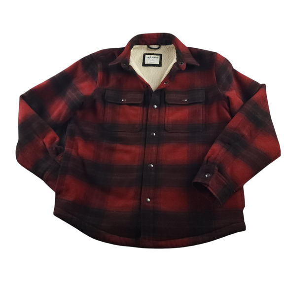 Old Navy Jacket M Mens CPO Sherpa Lined Chore Barn Wool Blend Buffalo Check - Picture 1 of 14